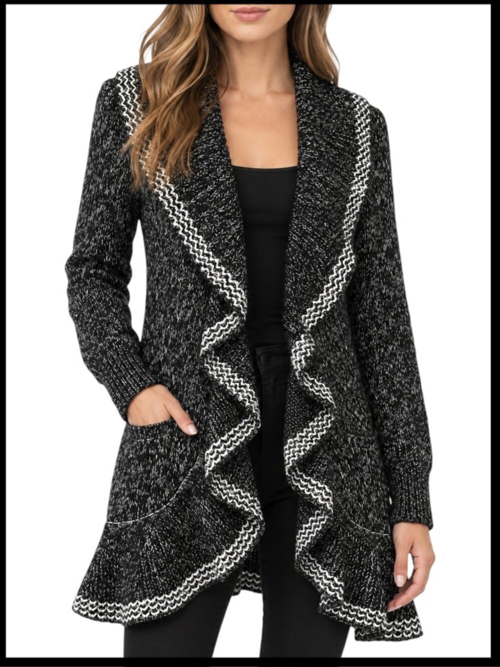 White House Black Market Cardigan Black White Marled Ruffle Open Front S